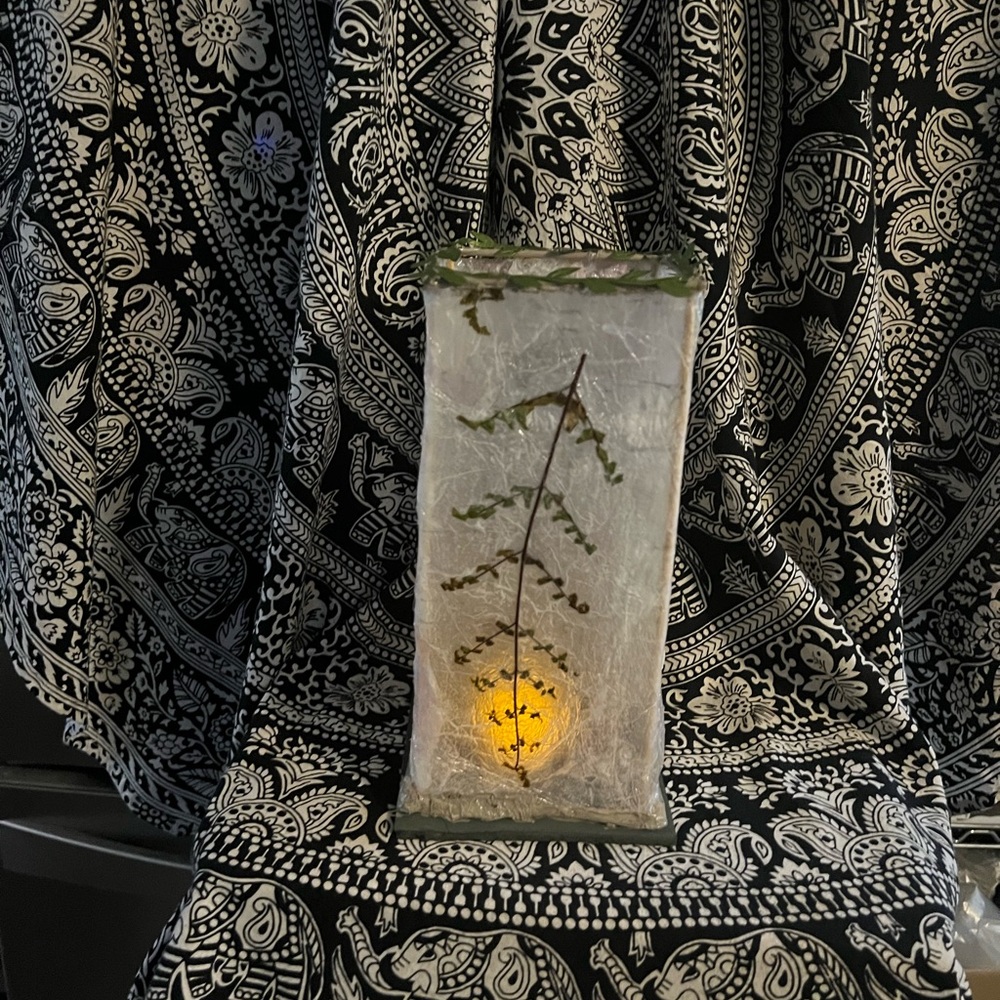 Homemade rice paper lantern Elegant green tones.  Lantern with Leaf Design.